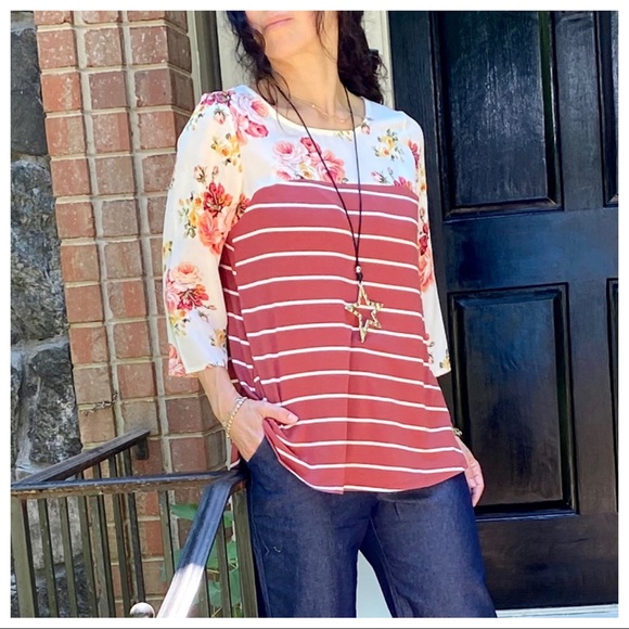 PRETTY STRIPED FLORAL TUNIC TOP - Picture 14 of 16